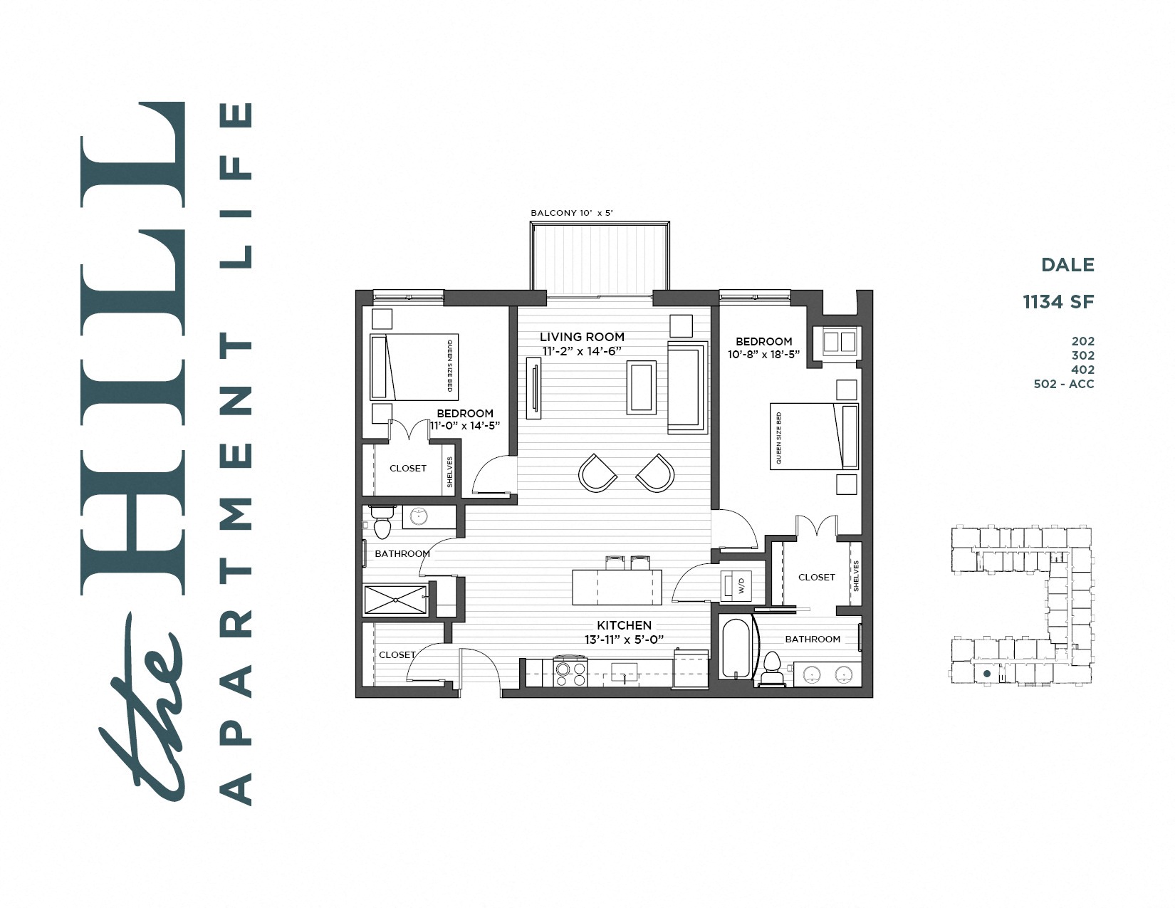 Floor plan for 2 beds, 2 baths, 1134 sqft